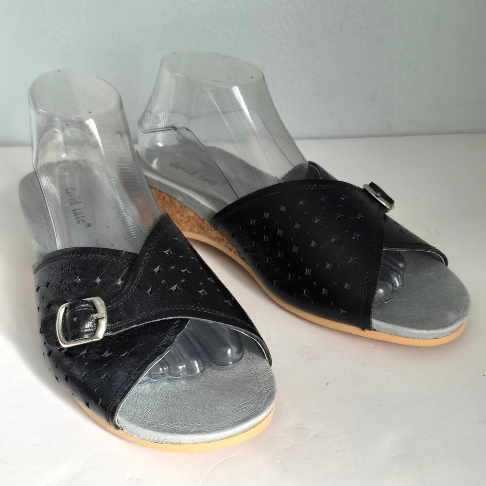 David Tate Slide Sandals Womens 10 Black Perforated Leather Buckle Summer Boho